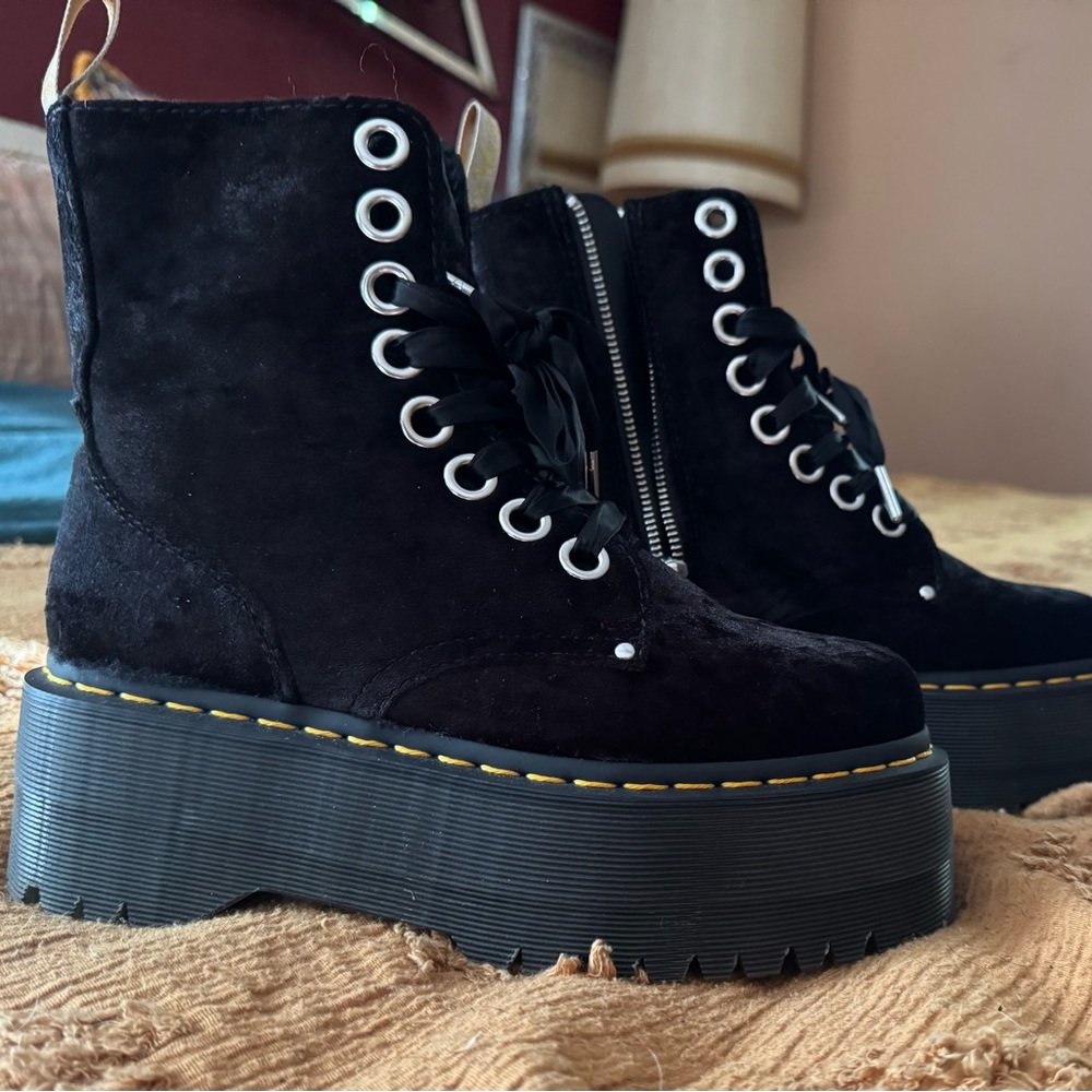 Dr. Martens Black Velvet Platform Lace-Up Boots